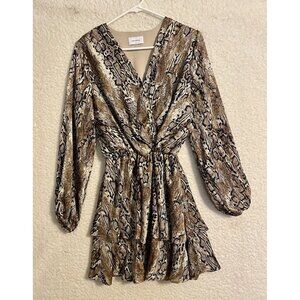 Adrienne Snake Skin Print Dress Balloon Sleeves Black Brown Animal Print Medium